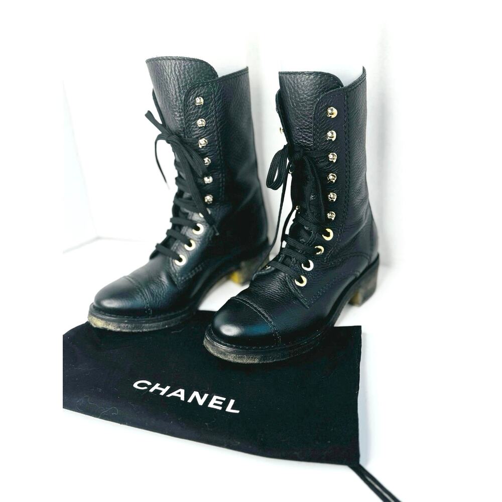 CHANEL Black Grained Leather Lace-Up Combat Boots with Gold Eyelets Size 36.5